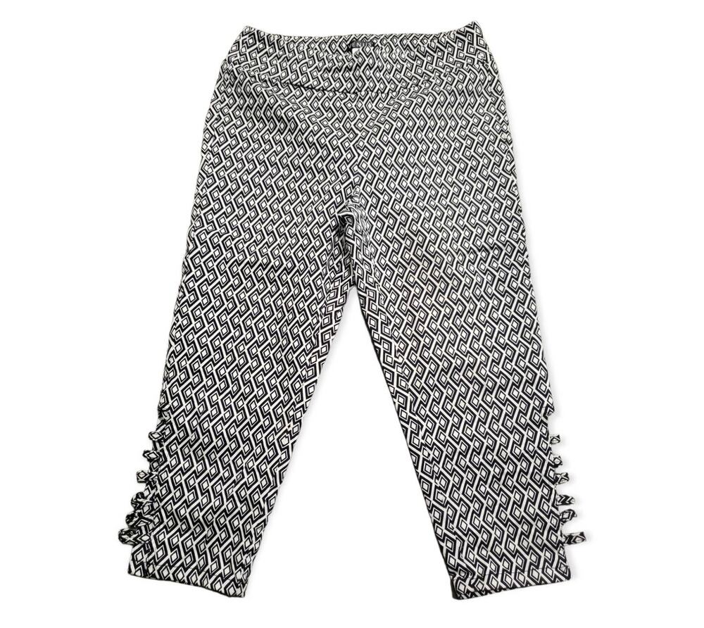 Venus Black & White Geometric Open Cut Bottom Ankle Cropped Slacks / Pants
